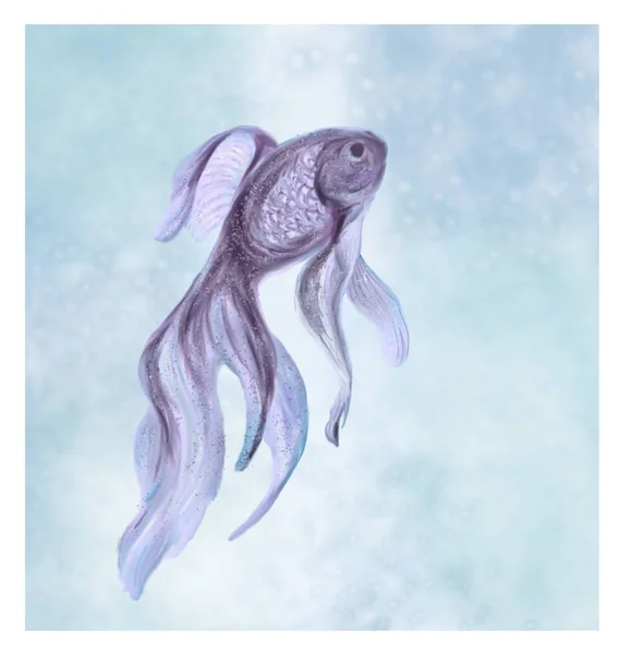 Purple Fish in blue water. Deep sea background. Digital painting art. Illustration of Black Gold Fish.