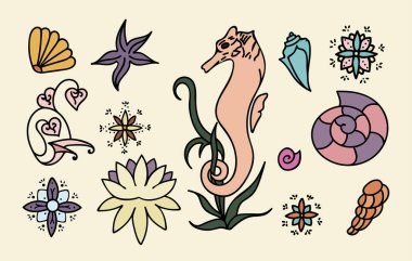 Deniz atı, kabukları ve doodle öğeleri. Grafik Deniz hayat koleksiyonu. Vektör okyanus yaratıklar üzerinde açık sarı renkli izole. Renkli çizimler kümesi. Elle çizilmiş illüstrasyon.