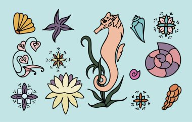 Deniz atı, kabukları ve doodle öğeleri. Grafik Deniz hayat koleksiyonu. Vektör okyanus yaratıklar üzerinde açık mavi renkli izole. Renkli çizimler kümesi. Elle çizilmiş illüstrasyon.