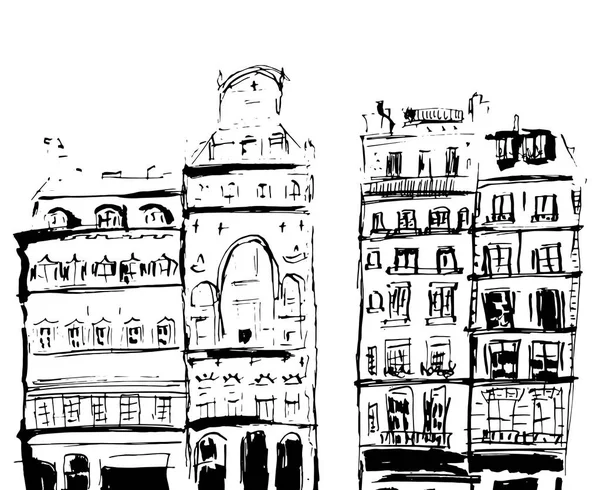 Ink sketch of buildings. Hand drawn illustration of Houses in the European Old town. Travel artwork. Black line drawing isolated on white background.