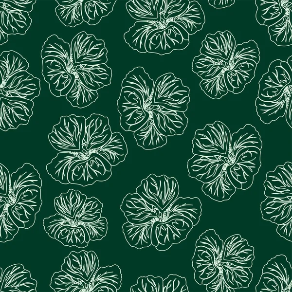 Donker Groen Hibiscus Bloem Print Prachtige Nasturtium Floral Pattern Trendy — Stockvector