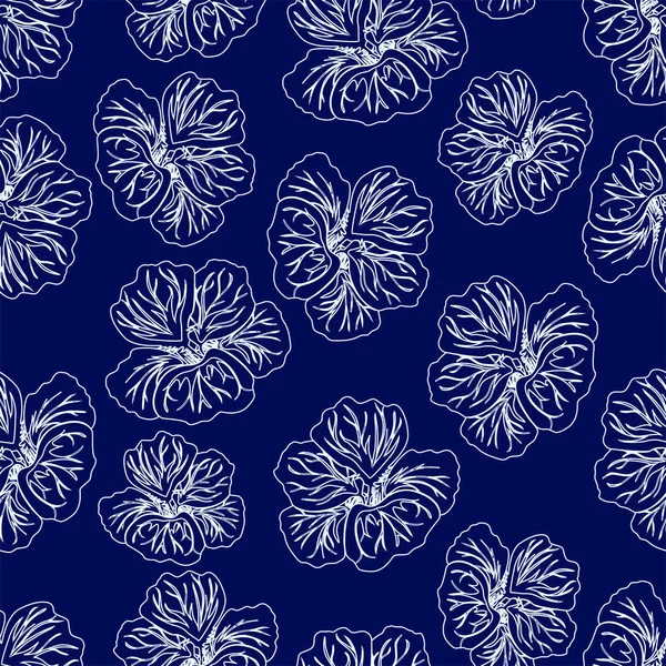 深蓝色芙蓉花印花 华丽的金莲 时尚无缝背景 Fashiontexture 折线图 包装和其他设计用矢量植物学插图 — 免费的图库照片