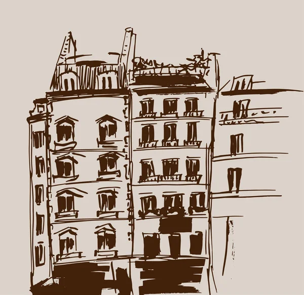 建物のスケッチはインク ヨーロッパの古い町で住宅のベクトル図を描いた アートワークを旅行します 明るいベージュの背景に分離されたブラウン ライン描画 — ストックベクタ