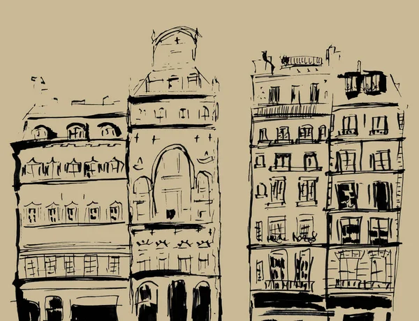 Esbozo Tinta Los Edificios Ilustración Dibujada Mano Casas Casco Antiguo — Foto de Stock