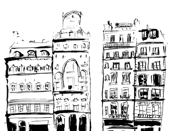 Ink sketch of buildings. Hand drawn illustration of Houses in the European Old town. Travel artwork. Black line drawing isolated on white background.
