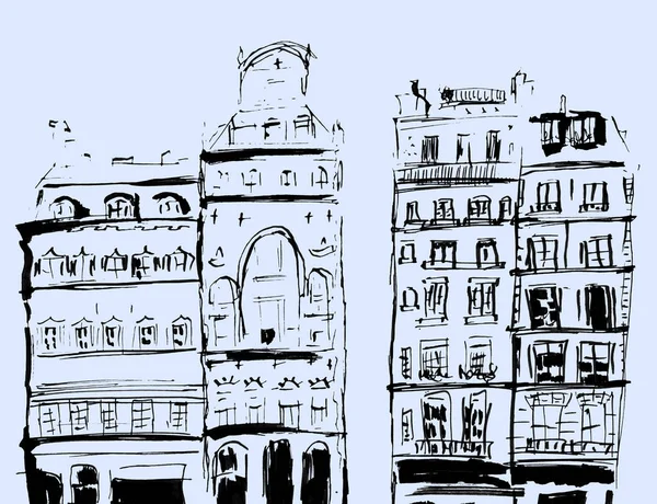 Esbozo Tinta Los Edificios Ilustración Dibujada Mano Casas Casco Antiguo —  Fotos de Stock