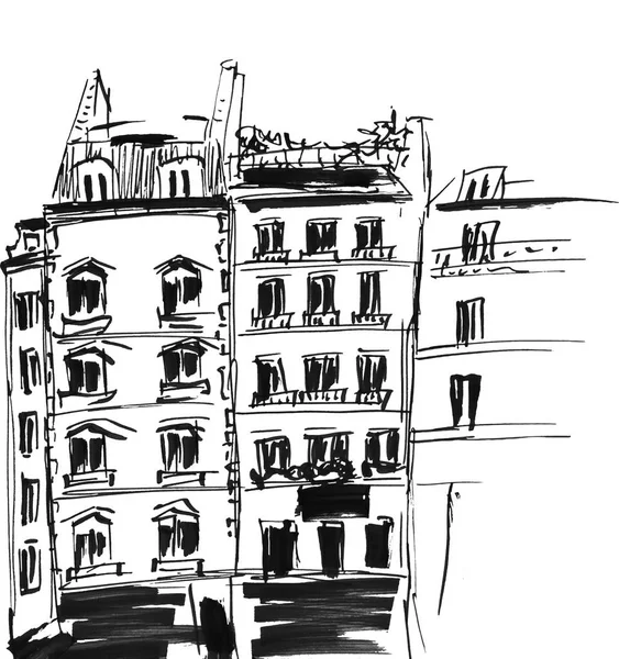 建物のスケッチはインク ヨーロッパの古い町で住宅のイラストを描いた アートワークを旅行します 白い背景に分離された黒の線画 — ストック写真