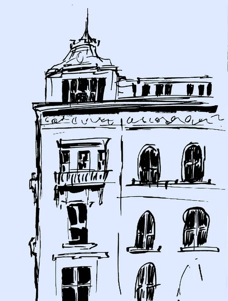 建物のスケッチはインク ヨーロッパの古い町で住宅のイラストを描いた アートワークを旅行します 青の背景に分離された黒の線画 — ストック写真
