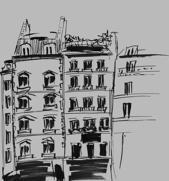建物のスケッチはインク ヨーロッパの古い町で住宅のイラストを描いた アートワークを旅行します 灰色の背景に分離された黒の線画 — ストック写真