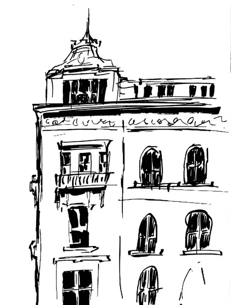 Szkic Tuszem Budynków Ręcznie Rysowane Ilustracja Domów Europejskich Starego Miasta — Zdjęcie stockowe