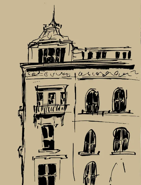 Szkic Tuszem Budynków Ręcznie Rysowane Ilustracja Domów Europejskich Starego Miasta — Zdjęcie stockowe