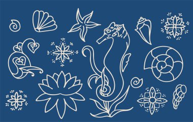 Deniz atı, kabukları ve doodle öğeleri. Grafik Deniz hayat koleksiyonu. Koyu mavi arka plan üzerinde izole vektör okyanus yaratıklar. Basit çizgi çizimleri kümesi. Elle çizilmiş illüstrasyon.