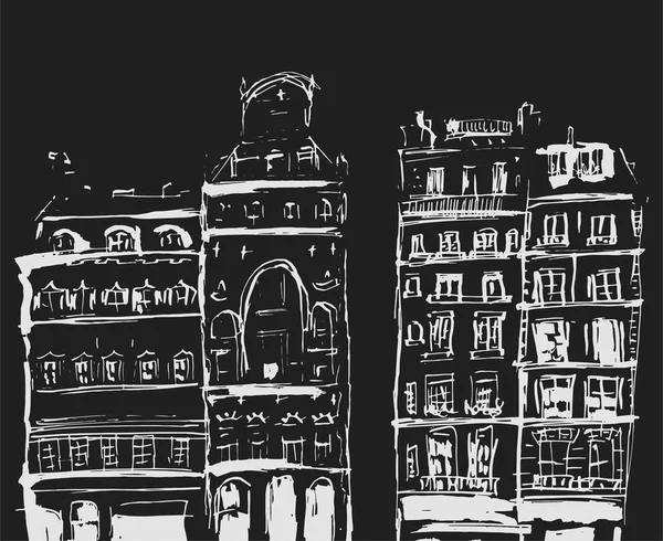 建物のスケッチはインク ヨーロッパの古い町で住宅のイラストを描いた アートワークを旅行します 青の背景に分離された黒の線画 — ストックベクタ