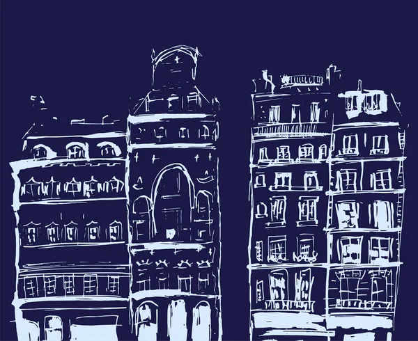 建物のスケッチはインク 青の背景に分離された線画の手描きイラスト — ストックベクタ