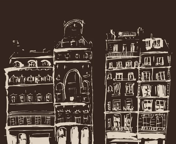 建物のスケッチはインク ヨーロッパの古い町で住宅のイラストを描いた アートワークを旅行します 茶色の背景に分離されたベージュの線画 建物のスケッチはインク 青の背景に分離された線画の手描きイラスト — ストックベクタ