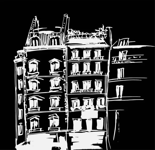 Ink sketch of buildings. Hand drawn vector illustration of Houses in the European Old town. Travel artwork. White line drawing isolated on black background.