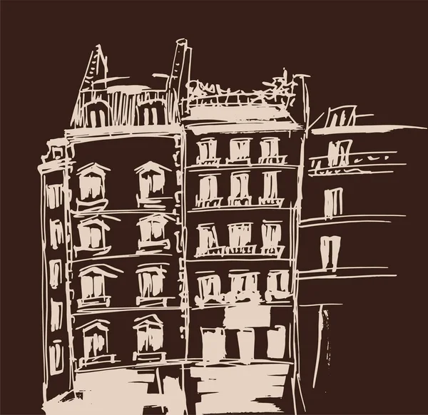 建物のスケッチはインク ヨーロッパの古い町で住宅のベクトル図を描いた アートワークを旅行します 暗い茶色の背景に分離されたベージュのライン描画 — ストックベクタ