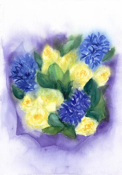 Buquê Romântico Flores Rosas Amarelas Jacinto Azul Ilustração Floral Aquarela — Fotografia de Stock