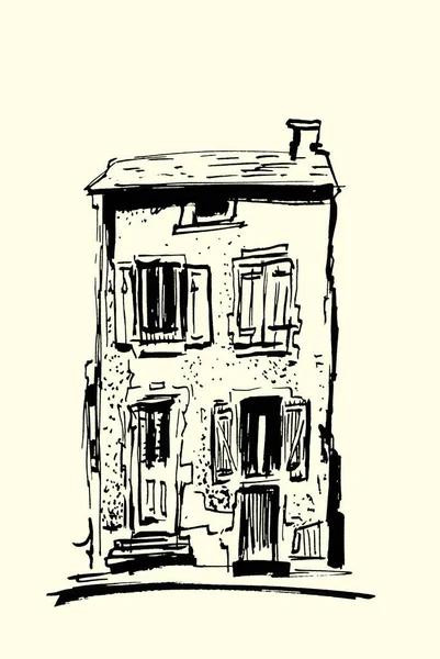 Ink sketch of buildings. Hand drawn illustration of Houses in the European Old town. Travel artwork. Black line drawing isolated on light background.
