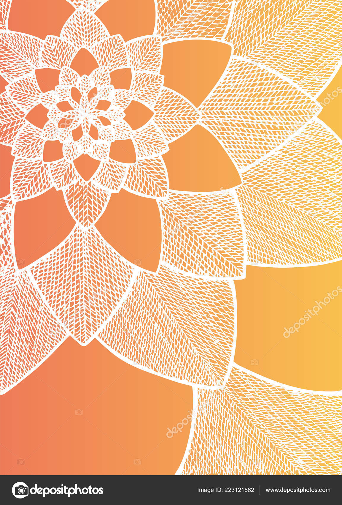 Zentangle 抽象花 装飾花 手描きのイラスト オレンジ色の背景にはグリーティング カード白い線の飾り 落書きを描画します 抽象的な花柄のデザイン 夏のテーマの日当たりの良いイメージです 明るいテンプレート 無料のストックベクター C Sshisshka