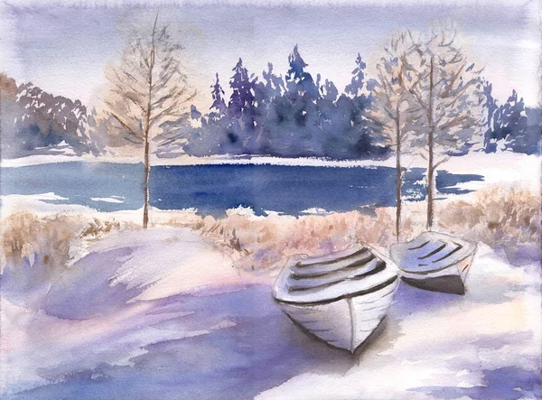 Beautiful Winter Landscape Lake Forest Boat Hand Drawn Watercolor Illustration — Stock Photo, Image