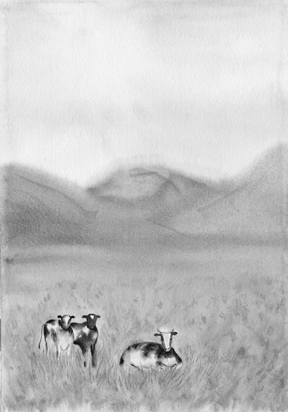 Black and white cows in a grassy meadow in The Netherlands. Rural Landscape with Pasturing Cows. Dairy animals at field. Watercolor illustration. Gray colors. — Stock Photo, Image