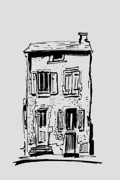 建物のスケッチは nk。手は、ヨーロッパの古い町で住宅のイラストを描いた。アートワークを旅行します。灰色の背景に分離された黒の線画. — ストック写真