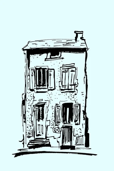 Szabadkézi rajz épületek. Kézzel rajzolt ábrán házak az Európai óvárosban. Utazási mű. Fekete vonalas rajz elszigetelt a fény kék háttér. — Stock Fotó