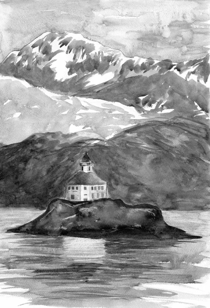 島にある灯台 山や丘の背景に 水彩画 グレーの色のグリザイユ 手描きのイラスト カード ポストカード ポスター — ストック写真