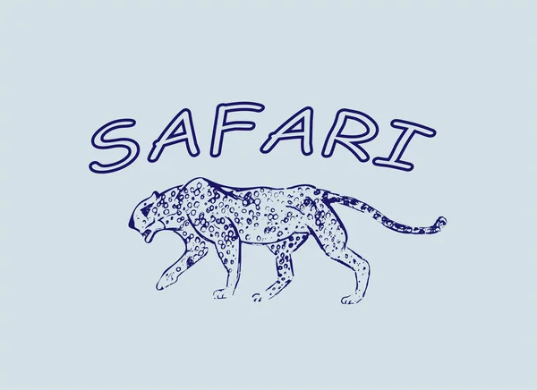 Cheetah. Hand dras bläck skiss. Horisontella ritning. Vector gravyr. Predator konturteckningar. Line illustration. Blå färger. Safari-konceptet. — Stock vektor