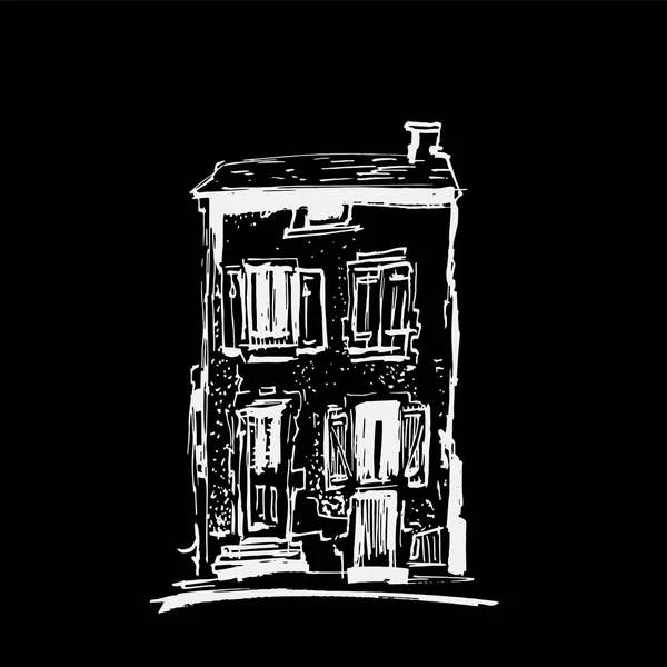 建物のスケッチはインク。手は、ヨーロッパの古い町で住宅のベクトル図を描いた。アートワークを旅行します。黒の背景に分離された白い線画. — ストックベクタ