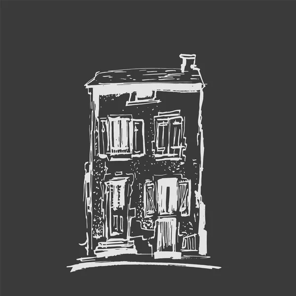 Ink sketch of buildings. Hand drawn vector illustration of Houses in the European Old town. Travel artwork. White line drawing isolated on dark gray background. Chalkboard imitation. — Stock Vector