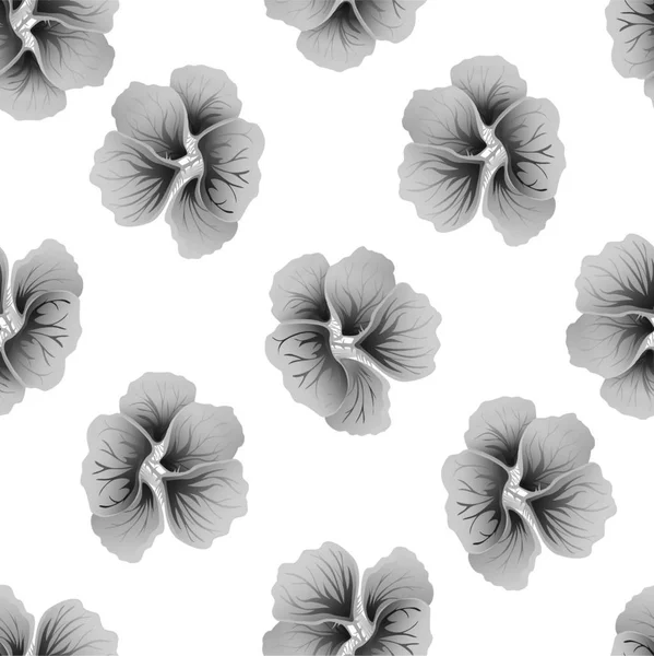 Sömlös vilda blommönster med krasse. Grå hibiscus blommor på vit bakgrund. Botaniska motiv spridda slumpmässigt. Struktur för mode print. Vackra exotiska växter. Vektorillustration. — Stock vektor