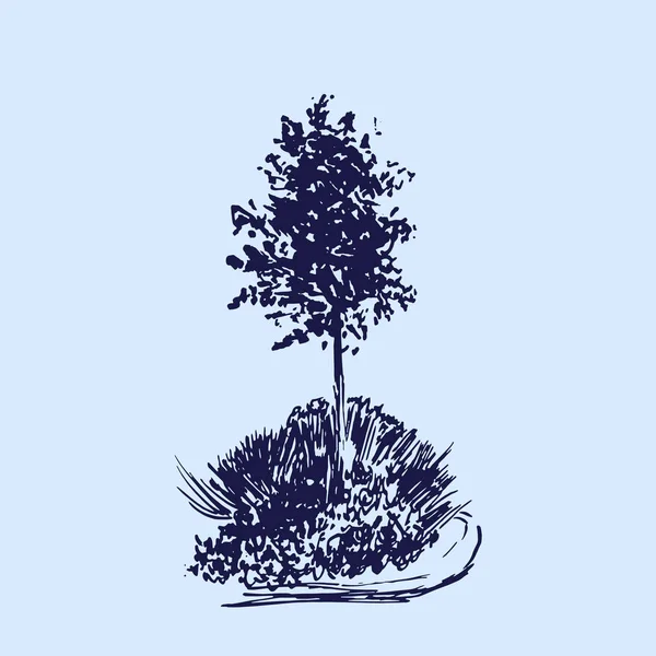 Árbol vector sketch.Vintage ilustración, estilo grabado. Tinta dibujada a mano. Dibujo en línea Aislado sobre fondo claro. Para el paisaje, parque, diseño al aire libre. Colores azules . — Archivo Imágenes Vectoriales