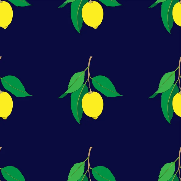 Bezešvé vzory s citronům izolovanými na tmavém pozadí. Žluté čerstvé ovoce se zelenými listy. Letní design. Barevná tapeta. Vektorová ilustrace. — Stockový vektor