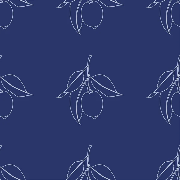 Modello senza cuciture con limoni. Disegno a linee isolato su sfondo blu scuro. Frutta fresca con foglie. Design estivo. Illustrazione vettoriale . — Vettoriale Stock