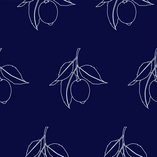 Χωρίς ραφές με λεμόνια. Το σχέδιο της γραμμής απομονώθηκε σε σκούρο μπλε φόντο. Φρέσκα φρούτα με φύλλα. Καλοκαιρινό σχέδιο. Απεικόνιση διανυσματικών φορέων. — Διανυσματικό Αρχείο
