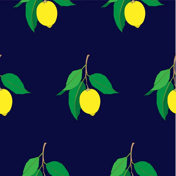 Patrón sin costuras con limones aislados sobre fondo oscuro. Frutas frescas amarillas con hojas verdes. Diseño de verano. Papel pintado colorido. Ilustración vectorial . — Archivo Imágenes Vectoriales