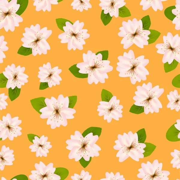 Fiori di ciliegio primaverili. Modello senza cuciture con sakura giapponese. Fiori rosa su sfondo arancione. Illustrazione vettoriale romantica . — Foto Stock