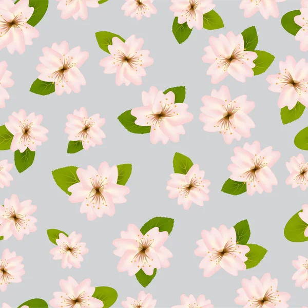 Spring cherry blossoms. Seamless pattern with Japanese sakura. Pink flowers on gray background. Romantic Vector illustration.