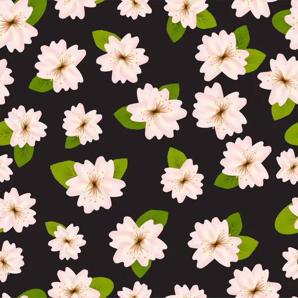 春天的樱花。无缝模式与日本樱花。黑色背景上的粉红色花朵。浪漫矢量插图. — 图库照片