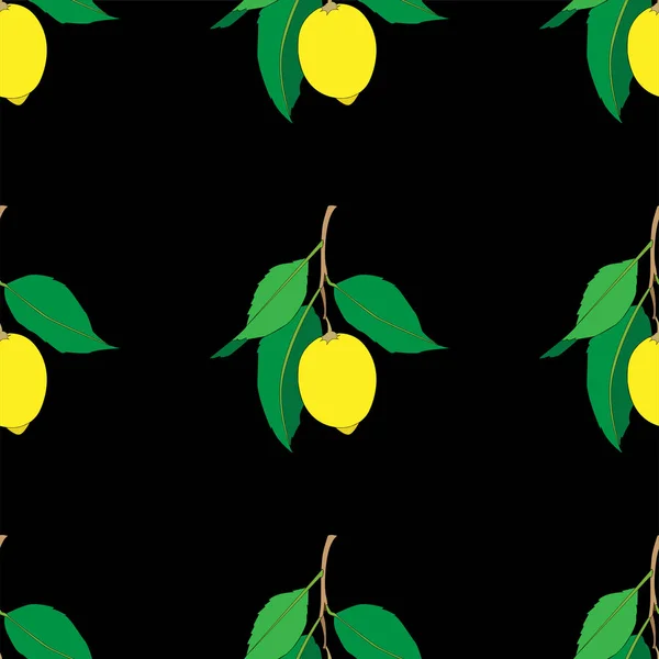 Patrón sin costuras con limones aislados sobre fondo negro. Frutas frescas amarillas con hojas verdes. Diseño de verano. Papel pintado colorido. Ilustración vectorial . — Archivo Imágenes Vectoriales