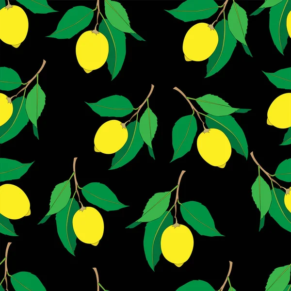 Bezešvé vzory s citronů izolovanými na černém pozadí. Žluté čerstvé ovoce se zelenými listy. Letní design. Barevná tapeta. Vektorová ilustrace. — Stockový vektor