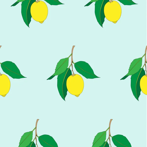 Nahtloses Muster mit Zitronen isoliert auf blauem Grund. gelbe frische Früchte mit grünen Blättern. Sommerdesign. Bunte Tapeten. Vektorillustration. — Stockvektor