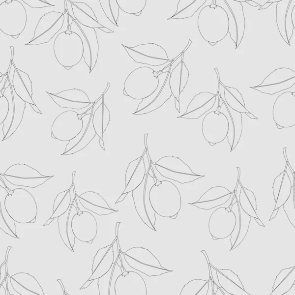 Nahtloses Muster mit Zitronen. Linienzeichnung isoliert auf hellgrauem Hintergrund. frische Früchte mit Blättern. Sommerdesign. Vektorillustration. — Stockvektor