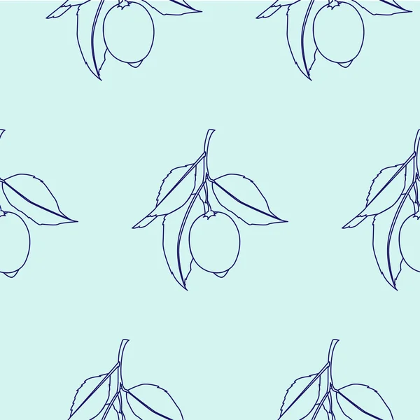 Nahtloses Muster mit Zitronen. Linienzeichnung isoliert auf blauem Hintergrund. frische Früchte mit Blättern. Sommerdesign. Vektorillustration. — Stockvektor