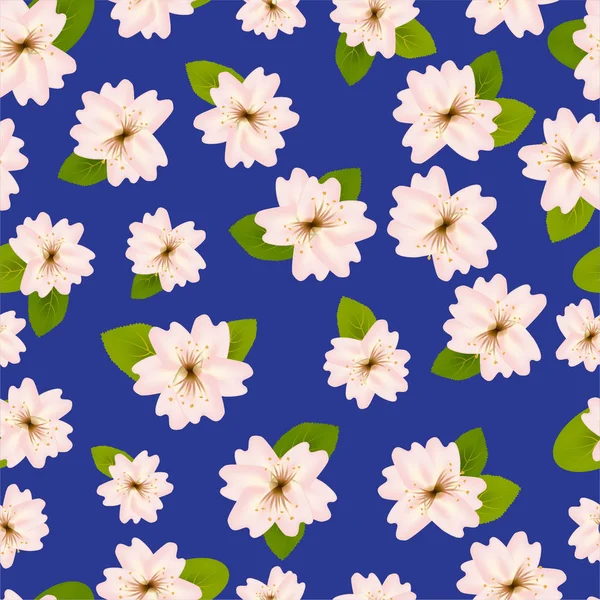 Fiori di ciliegio primaverili. Modello senza cuciture con sakura giapponese. Fiori rosa su sfondo blu. Illustrazione romantica . — Foto Stock