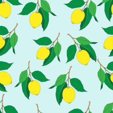 Mavi arka plan üzerinde izole limon ile dikişsiz desen. Yeşil yaprakları ile Sarı taze Meyveler. Yaz tasarımı. Renkli duvar kağıdı. Vektör çizimi.