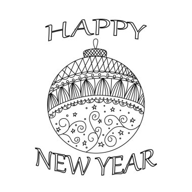 Soyut doodle topu ile Tatil tebrik kartı. Yeni Yılınız Kutlu Olsun. Sezonun unsuru. Siyah beyaz renkler. Vintage Festive Etiket. Noel ağacı için dekorasyon. çizgili Kış İllüstrasyon. Vektör Eps.