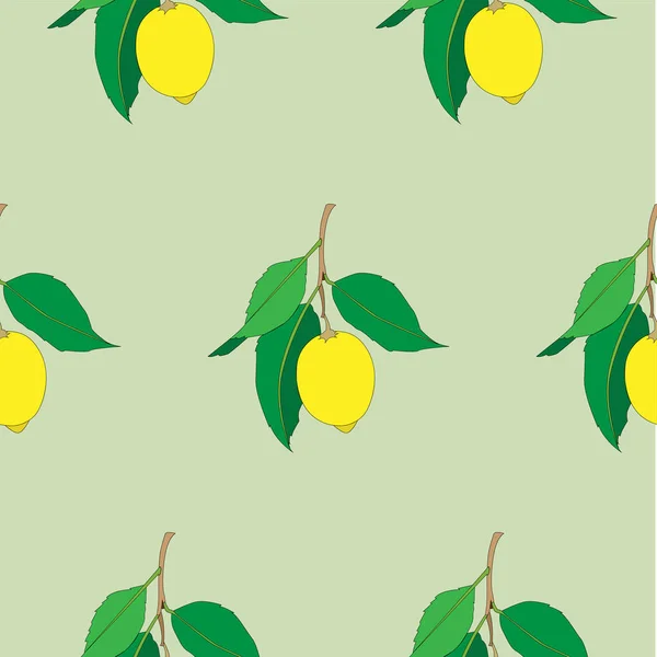 Bezszwowy wzór z cytryną wyizolowaną na zielonym tle. Żółte świeże owoce z zielonymi liśćmi. Letni Design. Kolorowe tapety. Ilustracja wektorowa. — Wektor stockowy
